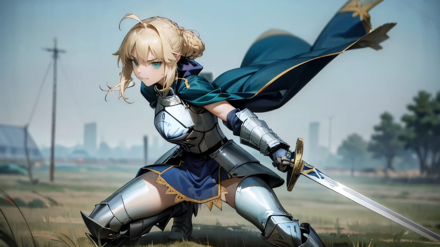Great background,1Girl,A face,,artoria,König Arthur,King of Great Britain,FATE series,Ritterkönig,medieval periodAvestia,((light blonde hair)),Lateral body,grassland background,,Small characters,combat stance,There is only one golden sword,Short, sharp soldiers,Longsword body,straight sword,Sword closeup,Sword in hand,Serious expression,Good looking,with round face,facial closeup,Schwere Sterling silver armor,Sterling silver leg armor,Sterling silver armor,Dark blue heavy cloak,Fell edge,Giant dark blue round battle skirt,GOLD LACE,Wrapped hair,green eyes,Loneliness,Half a body,(ultra high resolution),(Ultra-high sharpnesasterpiece,best quality, sexly pose, NSFT, She is a knight with a sword, wears a blue and white colored armor, Armored legs, armored weapons, ultra sharp, masterpiece, 8k, Viewers look at, Nordic style, high quality, beautiful picture, masterclass!, 8k, detailed, sexly, big tits, seductive face, broken armore shows part of naked breast