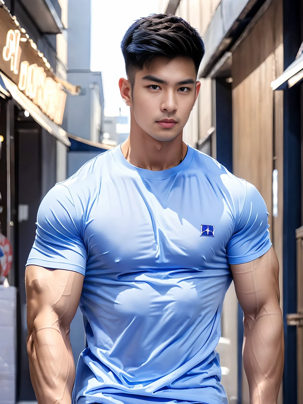 Korean male model, Big muscles,Full chest muscles，Swelling of chest muscles， Handsome, Cool, Smoothly combed hair, Ear piercing, Wearing a navy blue and white patchwork T-shirt, Holding a lollipop, image, modeling, Dynamic poses, Japanese Street, In the middle of the night, Shop Lighting Trade, full-body shot