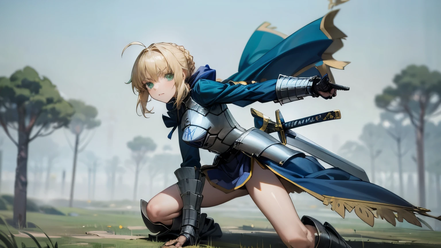 Great background，1Girl，A face，，artoria，König Arthur，King of Great Britain，FATE series，Ritterkönig，medieval periodAvestia，((light blonde hair))，Lateral body，grassland background，，Small characters，combat stance，There is only one golden sword，Short, sharp soldiers，Longsword body，straight sword，Sword closeup，Sword in hand，Serious expression，Good looking，with round face，facial closeup，Schwere Sterling silver armor，Sterling silver leg armor，Sterling silver armor，Dark blue heavy cloak，Fell edge，Giant dark blue round battle skirt，GOLD LACE，Wrapped hair，green eyes，Loneliness，Half a body，(ultra high resolution)，(Ultra-high sharpnesasterpiece，best quality, sexly pose, NSFT, She is a knight with a sword, wears a blue and white colored armor, Armored legs, armored weapons, ultra sharp, ​masterpiece, 8k, Viewers look at, Nordic style, high quality, beautiful picture, masterclass!, 8k, detailed, sexly, big tits, seductive face, broken armore shows part of naked breast