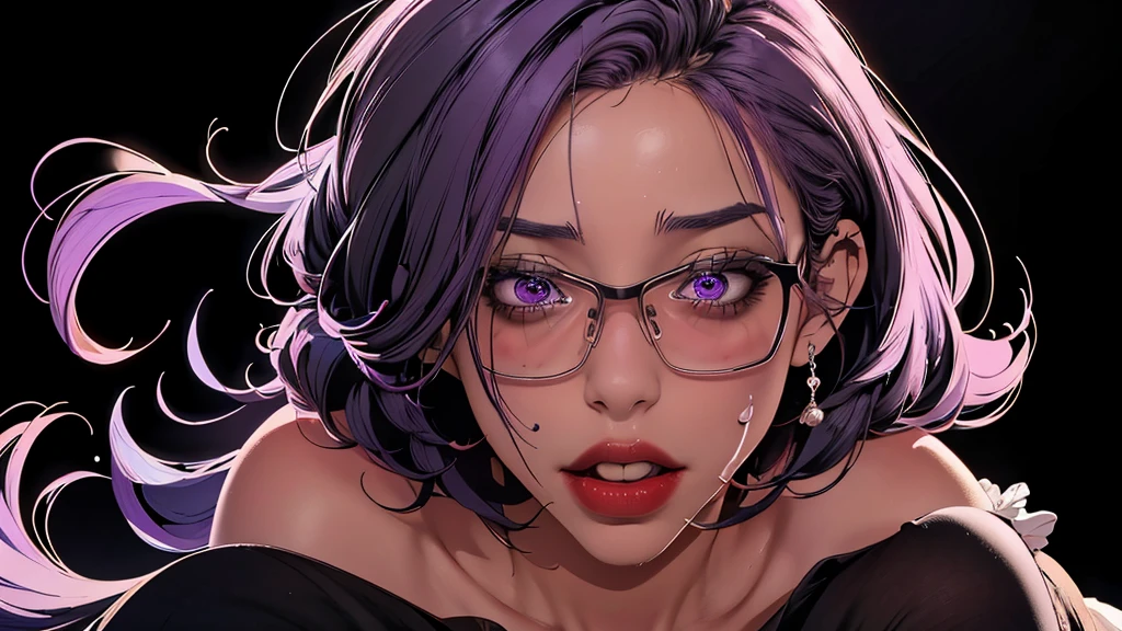 （（（完美number，number，put， Grey shirt，Hip skirt（（（JMT,Glasses,Purple Hair,short hair,Purple Eyes,Mihondov，Purple Eyes，Purple Hair，Medium Length Hair，）））型number:1.7））），((masterpiece)),high resolution, ((Best quality at best))，masterpiece，quality，Best quality，（（（ Exquisite facial features，Looking at the audience,There is light in the eyes，Happy，Interweaving of light and shadow，））），（（（Looking at the camera，black background)）））