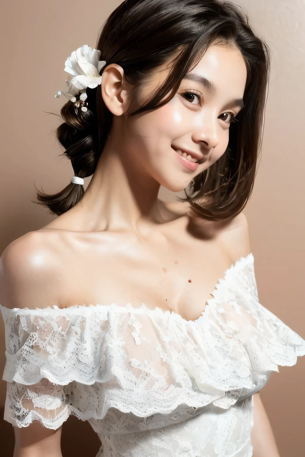 ((Highest quality, 8k, masterpiece: 1.3)), sharp: 1.2, Perfect Body Beauty: 1.6, ((Layered Hairstyles, Big Breasts: 2.0)), (white lace dress: 2.0, Off-the-shoulder dress: 2.0, Dresses with visible breasts: 2.0), ((long hair: 2.0)), ((necklace)), Earrings, ring, Bracelet, Hair Accessories, ((Beautiful young teenager woman)), ((Straight nose)), (Eyeliner), Armpit Hair, Bristles, ((White and beautiful skin)), Wavy Hair, Beautiful attention to detail, Super detailed, Highly detailed face and skin texture, fine grain, double eyelid, Black Hair, Big Ass, Lower Body, Thighs, (((Skinny))), Wet and shiny lips, smile, Get a grip on your body, ((Anatomically correct human body)), ((Crisp body shape)), Ribs, clavicle, Protruding skeleton, A face without nasolabial folds, Shyness, Thin eyebrows, Big eyes, (shoot from side: 1.0), (Narrow shoulders: 2.0), (Smile: 1.0), (Number of fingers is 5)