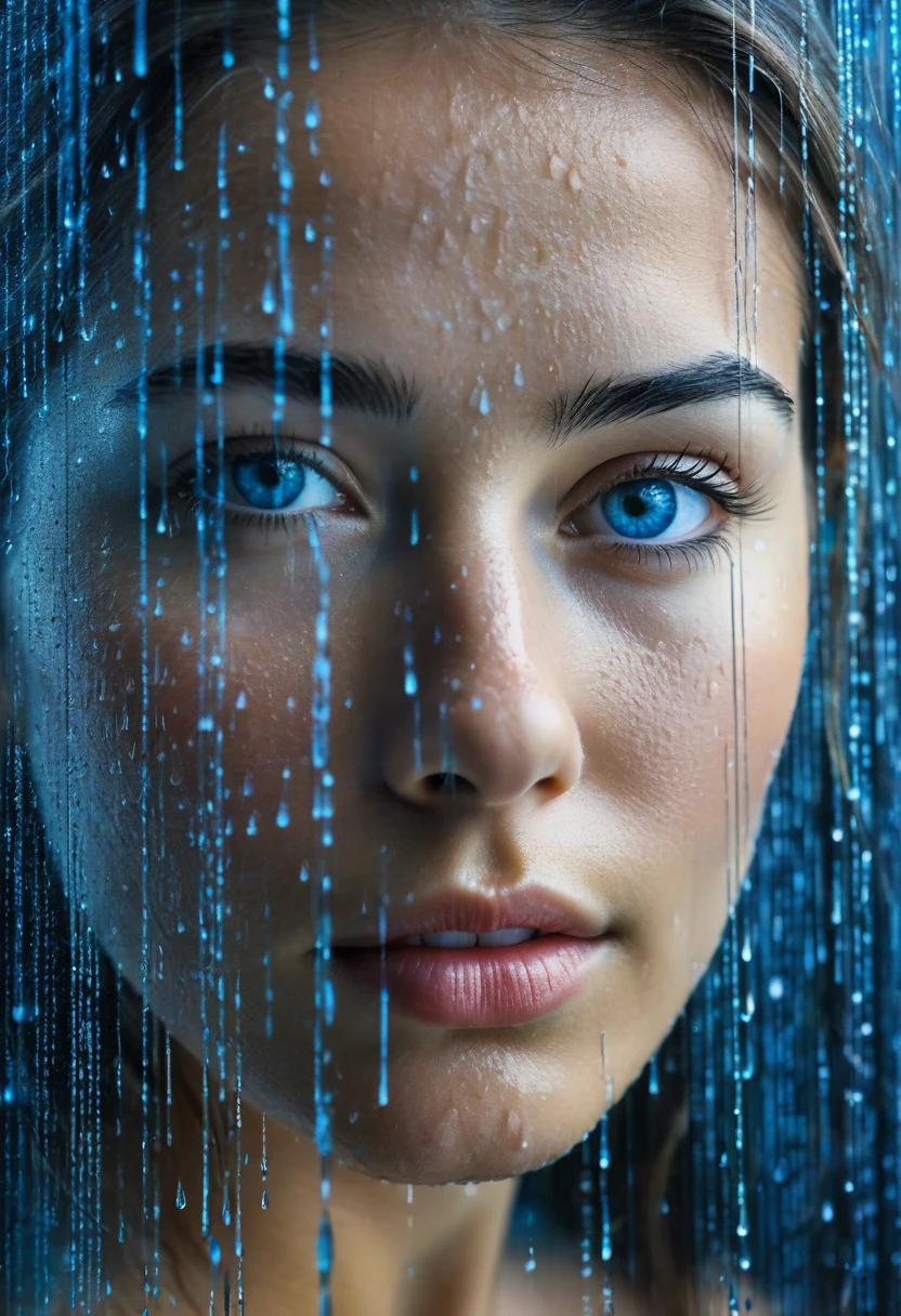 In this striking image, a woman's face is intimately intertwined with digital data, creating a compelling visual narrative that speaks to the fusion between humans and technology. Her penetrating eye, a vivid blue, is at the forefront, serving as a window to not only the soul but also to the realm of endless information. Around her, abstract lines and numerical symbols cascade in a digital downpour, symbolizing the flow of data that we are continuously exposed to in our contemporary digital age.

