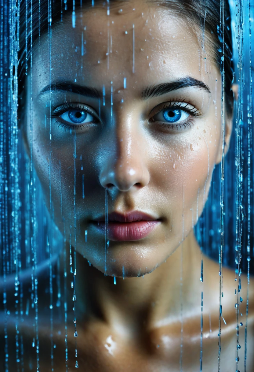 In this striking image, a woman's face is intimately intertwined with digital data, creating a compelling visual narrative that speaks to the fusion between humans and technology. Her penetrating eye, a vivid blue, is at the forefront, serving as a window to not only the soul but also to the realm of endless information. Around her, abstract lines and numerical symbols cascade in a digital downpour, symbolizing the flow of data that we are continuously exposed to in our contemporary digital age.