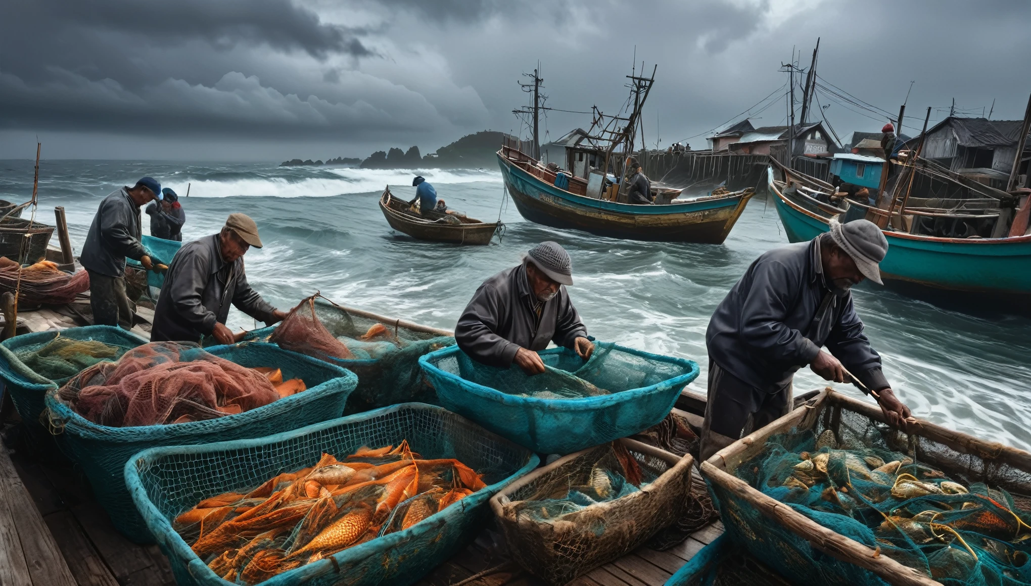 a fishing village,fishermen sorting through catch,separating good fish from bad,detailed fishing nets,rough wooden boats,overcast sky,dramatic lighting,ocean waves crashing,weathered old fishermen,calloused hands,intense concentration,vibrant colors,photorealistic,8k,masterpiece,award winning photograph