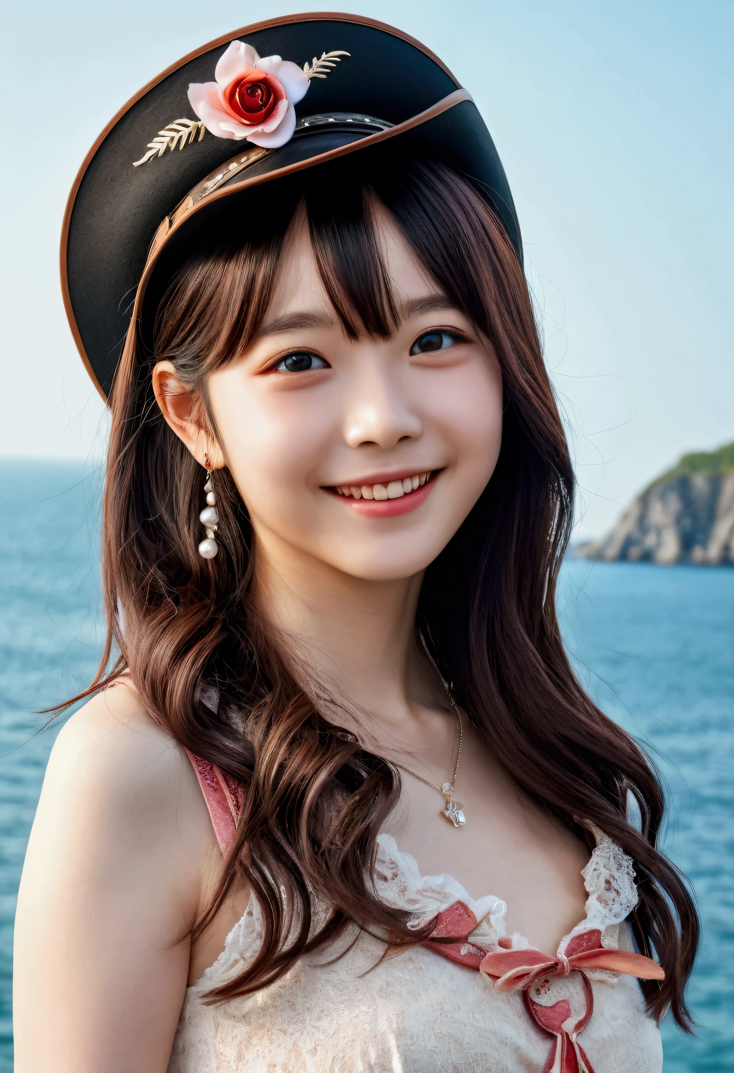 1 Nogizaka Girls、very cute、beautiful girl、19 years old、belly button、naked、Beautiful Face、Exquisite detail in eyes and skin、Fine black shiny hair、Rose Hair Accessories、(Smiling for the camera)、(Cowboy Shot)、(European Seas)、Professional Lighting、BREAK、(Real、Photoreal:1.37)、8k、(Masterpiece)、(Highest quality:1.4)、(Ultra-high resolution:1.2)、(Raw photo:1.2)、Perfect Anatomy、Four fingers and a thumb、Seaside Background、(Wallpaper by Unity 8K)