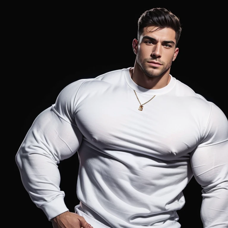 a very young and handsome man, massively muscular, with massively large muscles, with massively large biceps, with massively large arms, wearing a simple white sweatshirt with long sleeves, on a black background, seen from a long distance