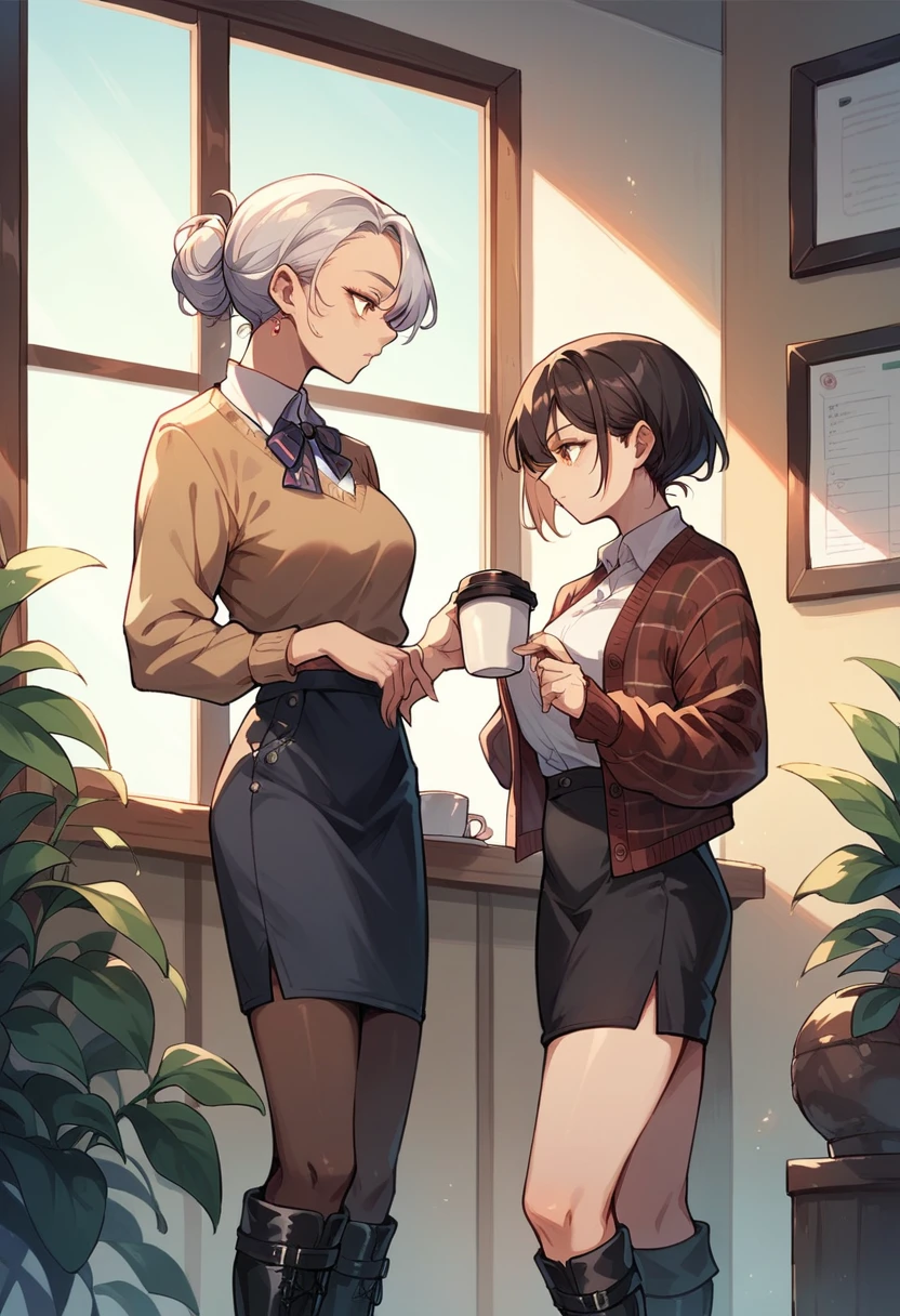 Indoors, portrait, a 25-year-old woman holding a coffee cup, black cropped knitted cardigan, arm:1, dark red narrow skirt with black plaid pattern, black knee-high suede boots, standing next to an office window