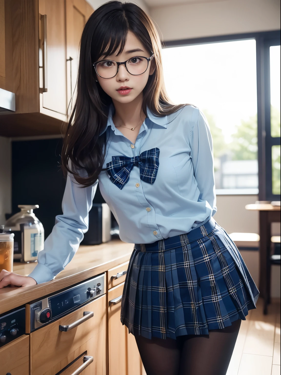 (8k、生photograph、Highest quality、masterpiece:1.2)、(Black Pantyhose)、((Small breasts)、(Small breasts)、(Small breasts)、(Cutting board)、(Cutting board))、((Half an eye))、((Sleepy eyes))、((Squint your eyes))、(Round Glasses)、One person、cute、JK、high school girl、Japanese women、Are standing、(PhotoReactive:1.37)、Photon Mapping、Real、(Very delicate face)、cute小さな顔、Brown eyes、(Red bow tie)、Radio City、Physically Based Rendering、Prospect、Character boundary depth、Blurred Background、photograph、girl、body、Beautiful feet、Long legs、Thin legs、(前hairが見える)、hair、lips、Blue_The目、Soft Nose、(Light blue shirt)、(Navy, blue and white plaid pleated skirt)、High school uniforms、See-through clothing、Thighs、black cotton socks、Nogizaka Idol、、Japan Ido