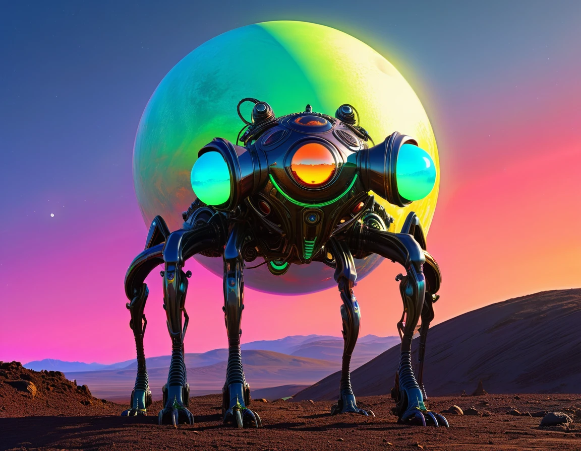 [(front full body portrait:mechanical alien jinn creature with neon glass eyes)((Alex_Harley style))):20]/[background: amazing exoplanet landscape, naive avant-garde (alien moon sunset), Alfred Wallis style], very colorful,((oil painting)),((masterpiece)), single shot