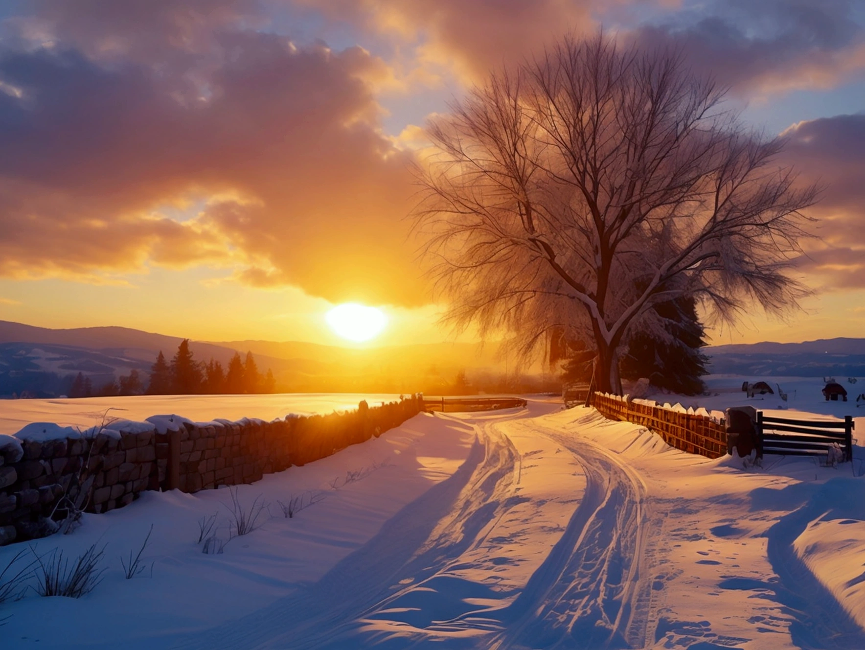 Light and shadow minimalist architecture(Scenery),There are silhouettes(a tree),Snow,Fence,There are birds,There is a trail,reality,HD Photography。