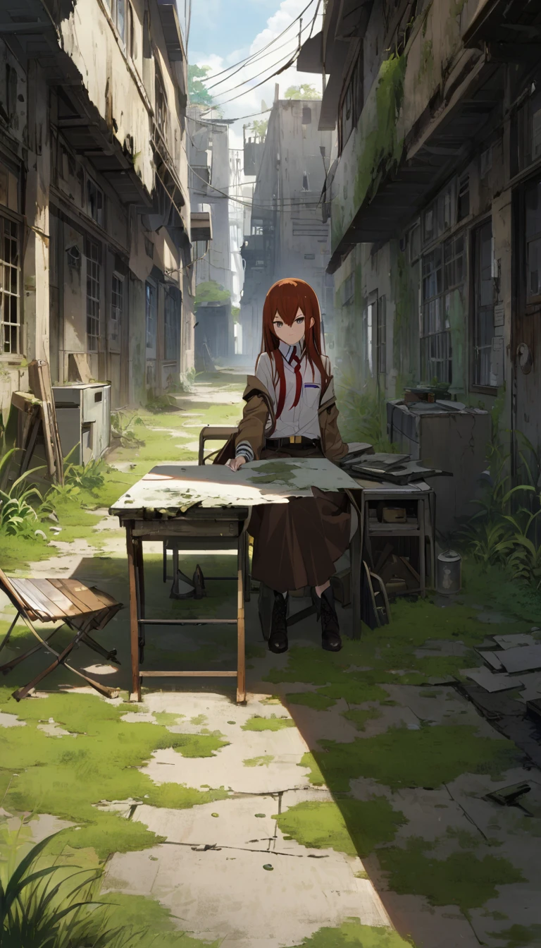 One girl, makise kurisu, Stein;Gate,Concept art of a post-apocalyptic world with ruins, Lush vegetation, Flat Chest，((The only surviving girl))，The content is very detailed,Detail view，anime，masterpiece，Dilapidated building right sun，Dilapidated classrooms，Shabby table，Broken chair，open air，(Covered in moss and grass)，three、Four&#39;Afternoon Clock，((Remains))，((A girl is sitting in a classroom and looking up into the distance)),side，uniform，Twisted Braid，Vanishing Point, Outlook, Light，Close-up shot