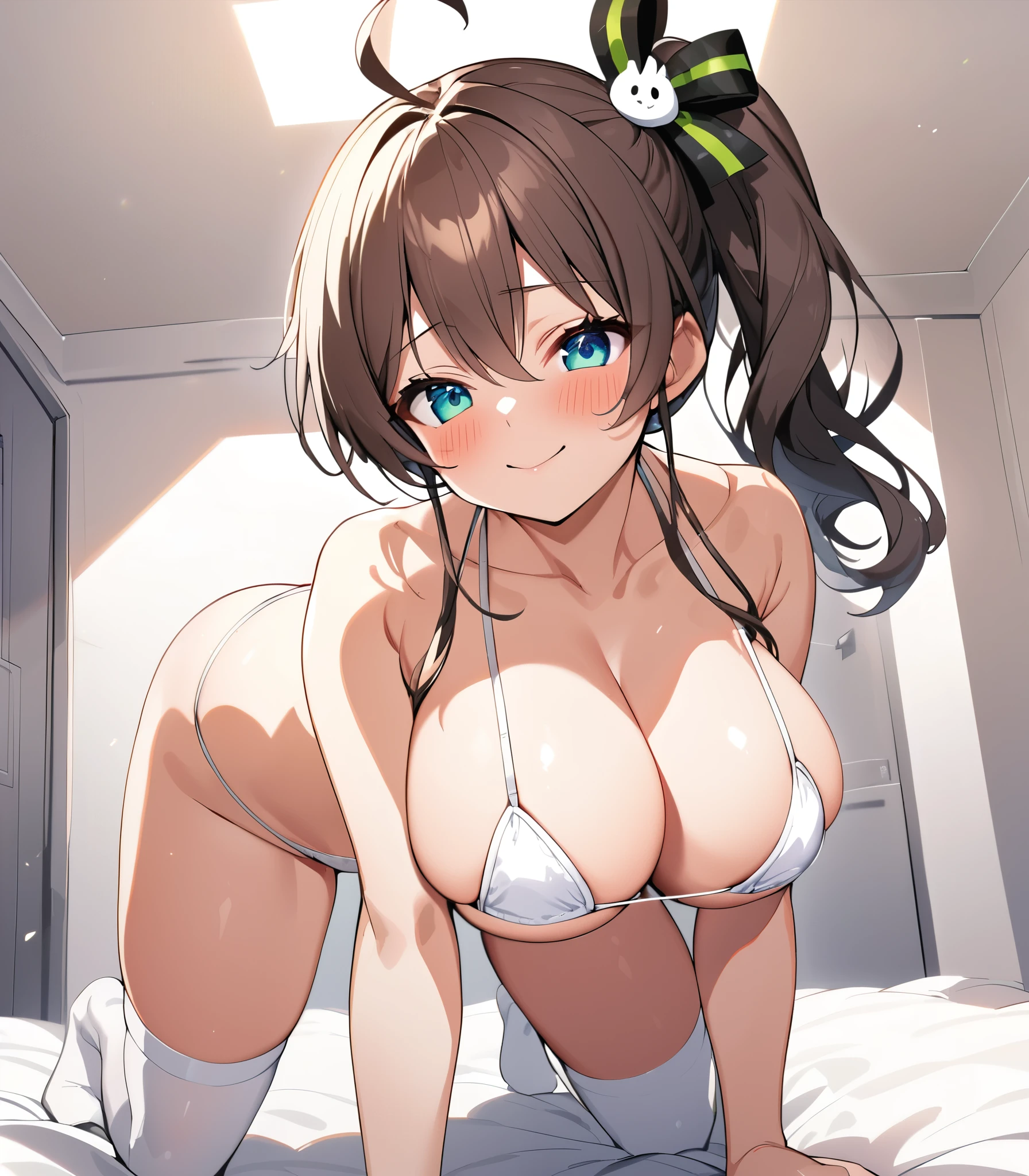 (((Highest quality,High resolution,Pixel perfect,Noise Reduction,Beautiful Anime Girls,Smooth Skin,Glowing Skin,Soft Skin,Detailed face,1people,No text,No dialogue,No sound effects,No manga))),(((natsuiro matsuri,Hololive))),(((Brown Hair,Green and black ribbon and side ponytail on the left side,Blue eyes,blush,Captivating smile,White super micro bikini,White knee-high socks))),((Eyes meet,White bedroom,On all fours,Put your chest close,Emphasize big breasts,Cleavage,))