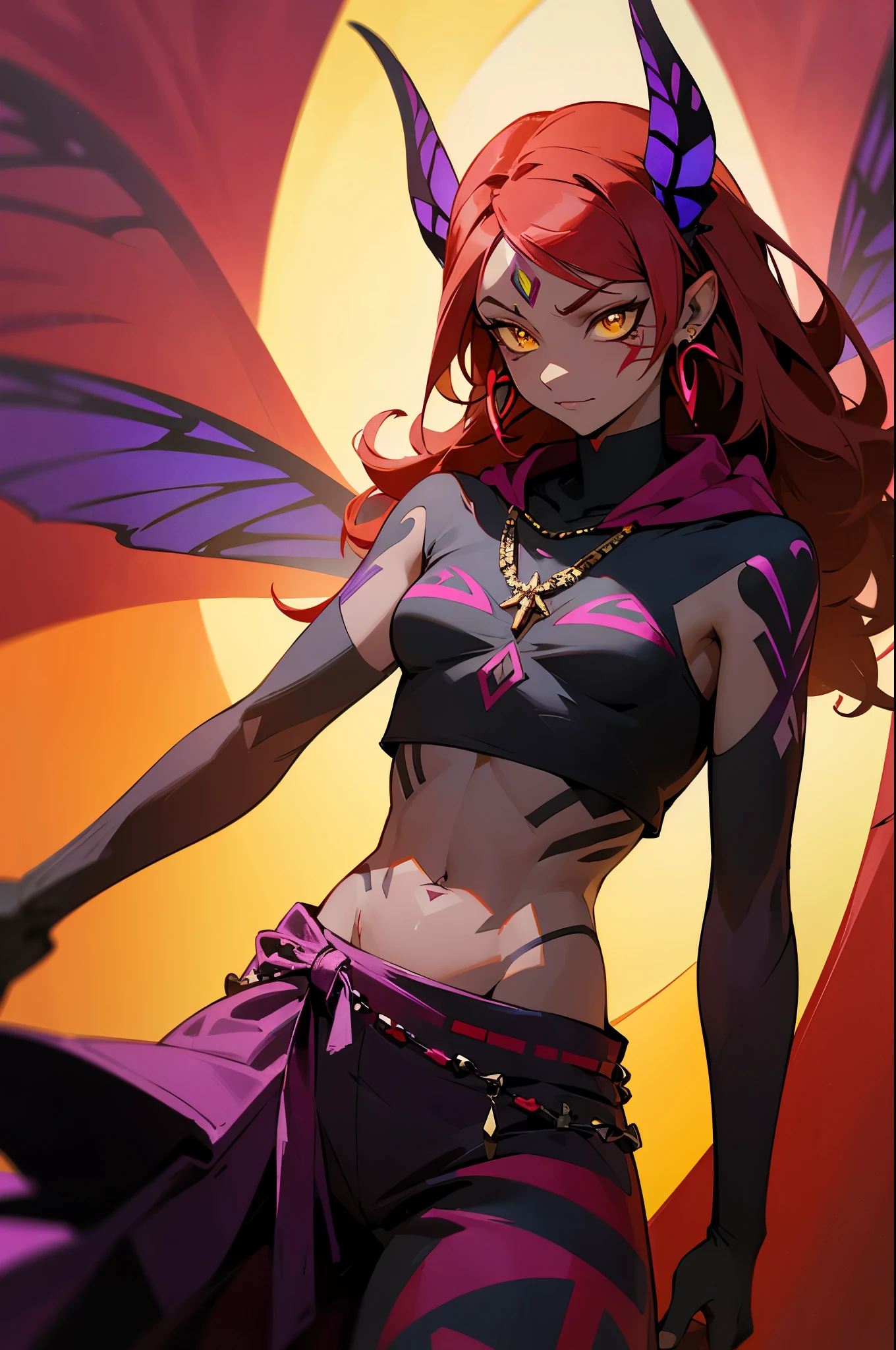 Black and Purple Tribal Markings On Body, Black and Purple Face Tattoos , Purple Butterfly Fairy Wings , dark skin, small yellow horns, light yellow eyes, red earrings, red hair, mature woman, red cloak, red pattered shirt, black checkered pants,, fully clothed, skinny arms, fully clothed, long red hair