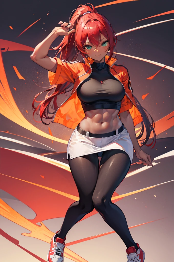 masterpiece, sharp focus, 4k, perfect face, perfect eyes, ultra detailed, ultra detailed face, ultra detailed eyes, perfect anatomy, whole body, full body, standing, 1girl, 30 years old, mature female, solo, red hair, hair between eyes, long ponytail, green eyes, dark skin, orange cropped jacket, black legging, red and white sneakers, comfident smile, dark skin, dark skinned female, crossed arms, smile, fun pose, black top, abs, navel, stomach