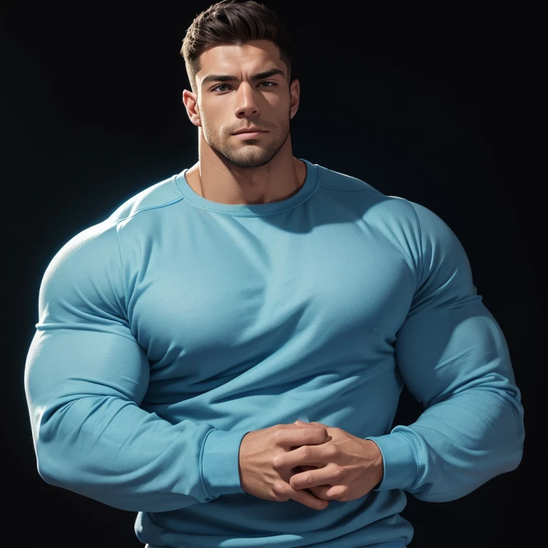 a very young and handsome man, massively muscular, with massively large muscles, with massively large biceps, with massively large arms, wearing a simple very light blue sweatshirt with long sleeves, on a black background