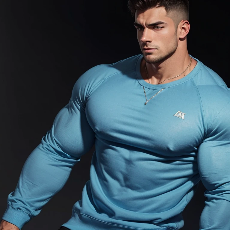 a very young and handsome man, massively muscular, with massively large muscles, with massively large biceps, with massively large arms, wearing a simple very light blue sweatshirt with long sleeves, on a black background