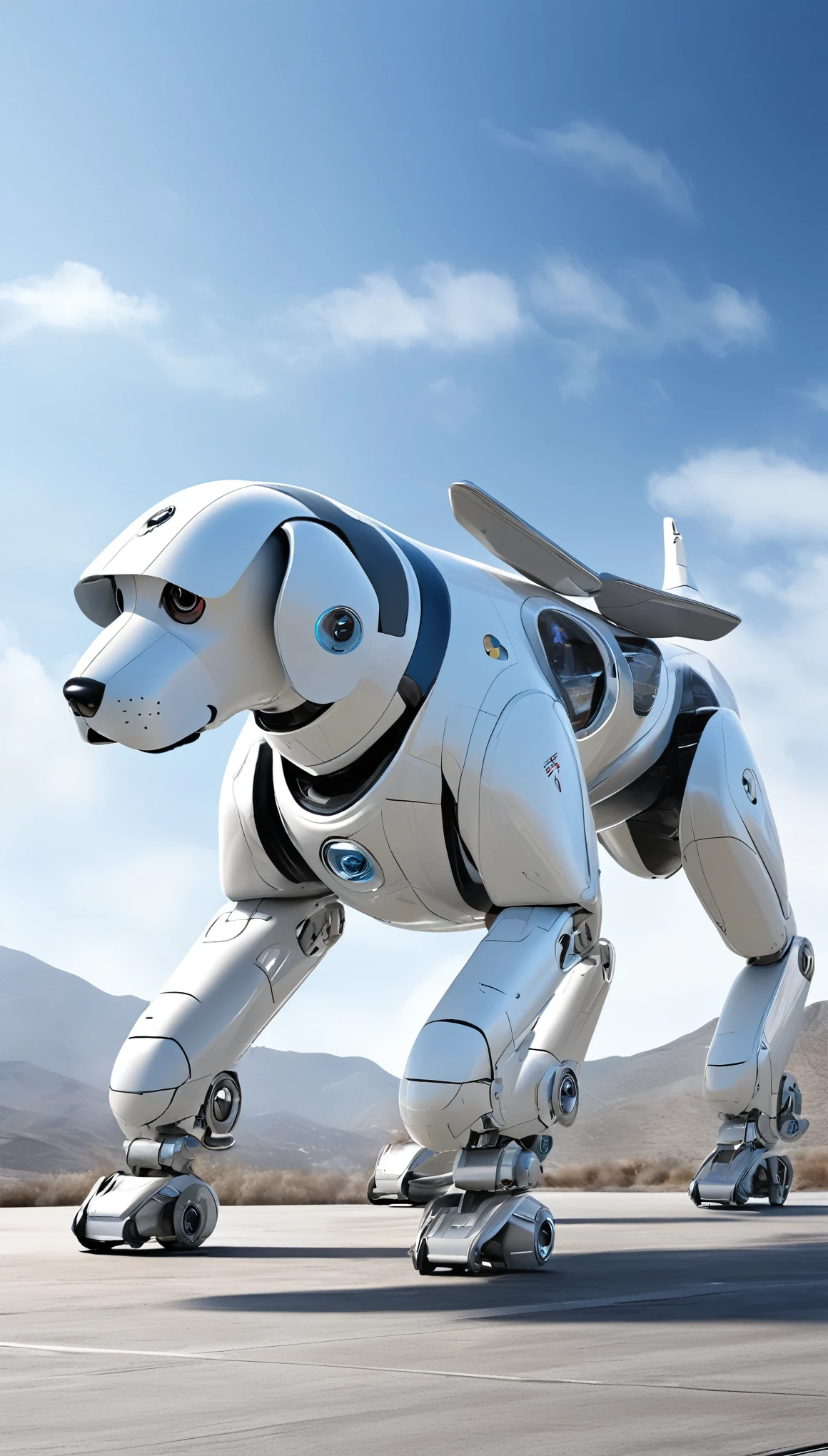 Highest quality, Realistic, photoRealistic, Award-winning photography, Design drawings, universe space, Combat Model, robotic dogs: AIBO, The highly evolved AIBO, fly in the sky, jet engine, missile, Laser beam