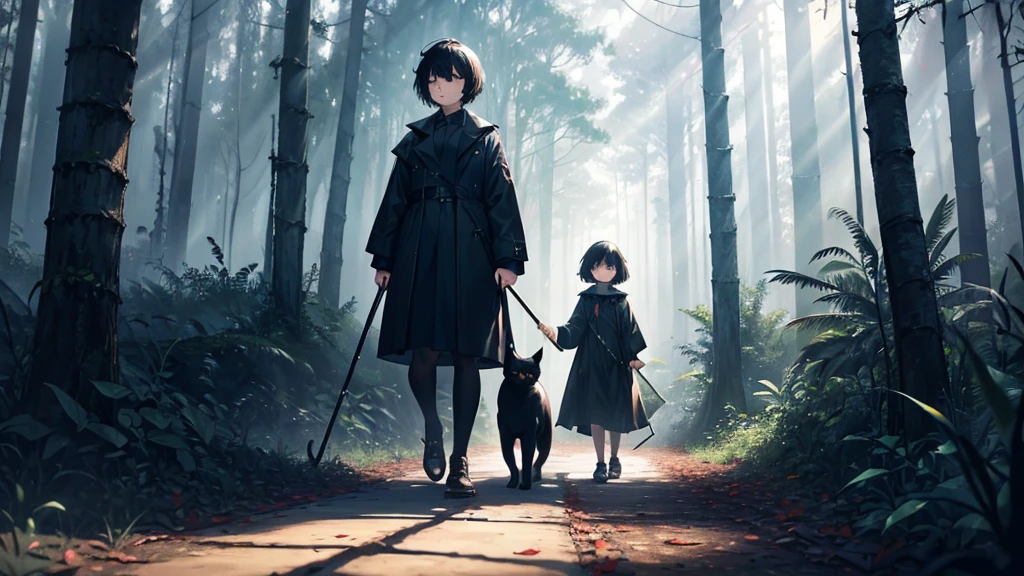 A girl is walking in the forest. A black cat is leading her. The girl has short black hair, a cane in her hand, and is dressed in dirty linen. The forest has an eerie atmosphere.
