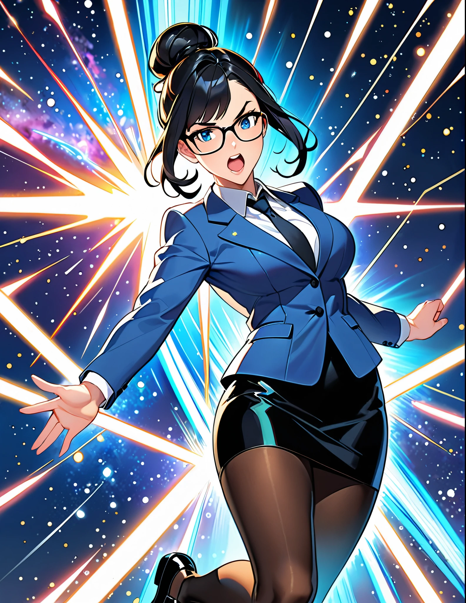 (masterpiece), (best quality), (high res), medium breasts, ((jet black hair, short hair, bob hair, purple eyes, bangs)), japanese police uniform, glasses, ((white shirt, black tie)), ((leotard, white and red leotard, matching leotard, bare legs)), matching shoes, badge, solo, solo focus, standing, (full body), cowboy shot, superhero, ((beautiful detailed eyes)), standing straight, full body shot, cowboy shot, superhero, mature lady, (perfect anatomy). spread arms, (spinning), (she spins) fast in place like a (tornado), spinning in place, tornado spinning, rapid gyration, (dynamic spin pose), space backdrop, motion blur, speed lines around her, spiral lines around her, tornado, time warp, (spinning energy pulse around her), light particles, serious.