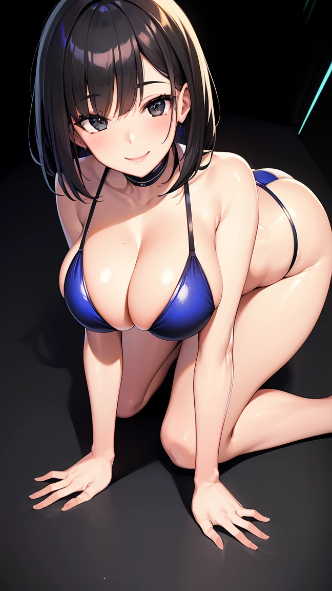 (high resolution), 1girl, woman, mature female, housewife, milf, 40 years old, (curvy woman:1.4), (smile:1.6), (evil grin, light smile:0.5), (shiny skin, glistening skin, high gloss skin:1), (Glossy metallic bikini:1.3),  (gigantic breasts:1.2), solo, black hair, middle hair, bob cut, black eyes, looking at viewer, (black room:1.5), (from above:1.4), (leaning forward, all fours:1.6), dynamic angle,
gigantic breasts, gigantic thighs