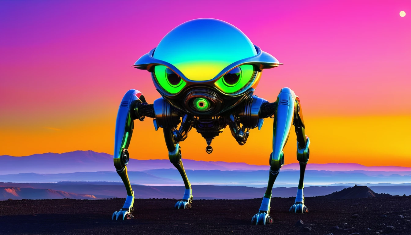 [(front full body portrait:mechanical alien jinn creature with neon glass eyes)((Alex_Harley style))):20]/[background: amazing exoplanet landscape, naive avant-garde (alien moon sunset), Alfred Wallis style], very colorful,((oil painting)),((masterpiece)), single shot
