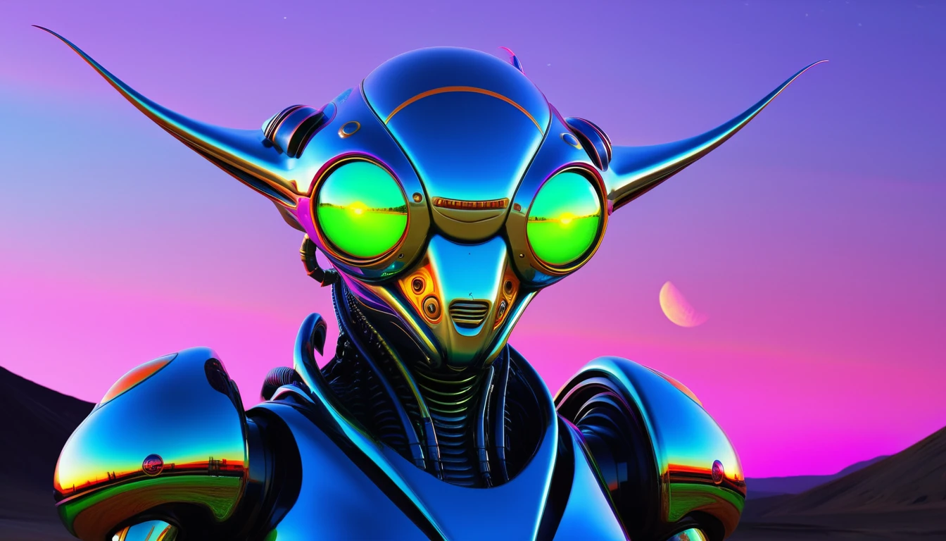 [(front full body portrait:mechanical alien jinn creature with neon glass eyes)((Alex_Harley style))):20]/[background: amazing exoplanet landscape, naive avant-garde (alien moon sunset), Alfred Wallis style], very colorful,((oil painting)),((masterpiece)), single shot