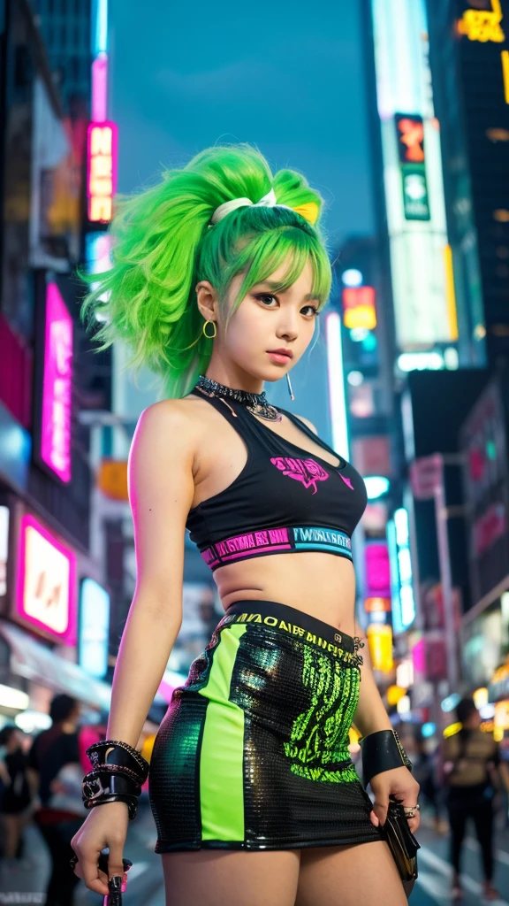 masterpiece, Highest quality, Wear unique Harajuku style clothing,The mint green colour stands out,Bold colors and patterns, Eye-catching accessories, Trendy and innovative hairstyles, Bright makeup, Dazzling cyberpunk cityscapes, Skyscraper, Neon Signs, LED Light, Bright and vivid color scheme, anime, shape, Fine skin, High quality fabric, Intricate details, Very detailed,Low - Angle, whole body, vision(avert your eyes:1.4),Dynamic pose、Hand holding a sword、With a sword in hand.