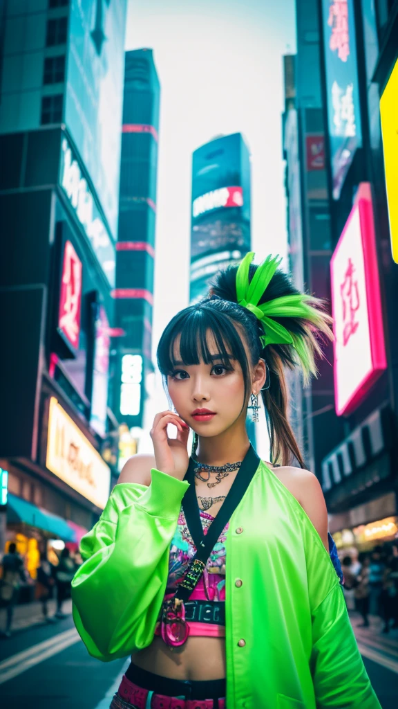 masterpiece, Highest quality, Wear unique Harajuku style clothing,The mint green colour stands out,Bold colors and patterns, Eye-catching accessories, Trendy and innovative hairstyles, Bright makeup, Dazzling cyberpunk cityscapes, Skyscraper, Neon Signs, LED Light, Bright and vivid color scheme, anime, shape, Fine skin, High quality fabric, Intricate details, Very detailed,Low - Angle, whole body, vision(avert your eyes:1.4),Dynamic pose、Hand holding a sword、With a sword in hand.