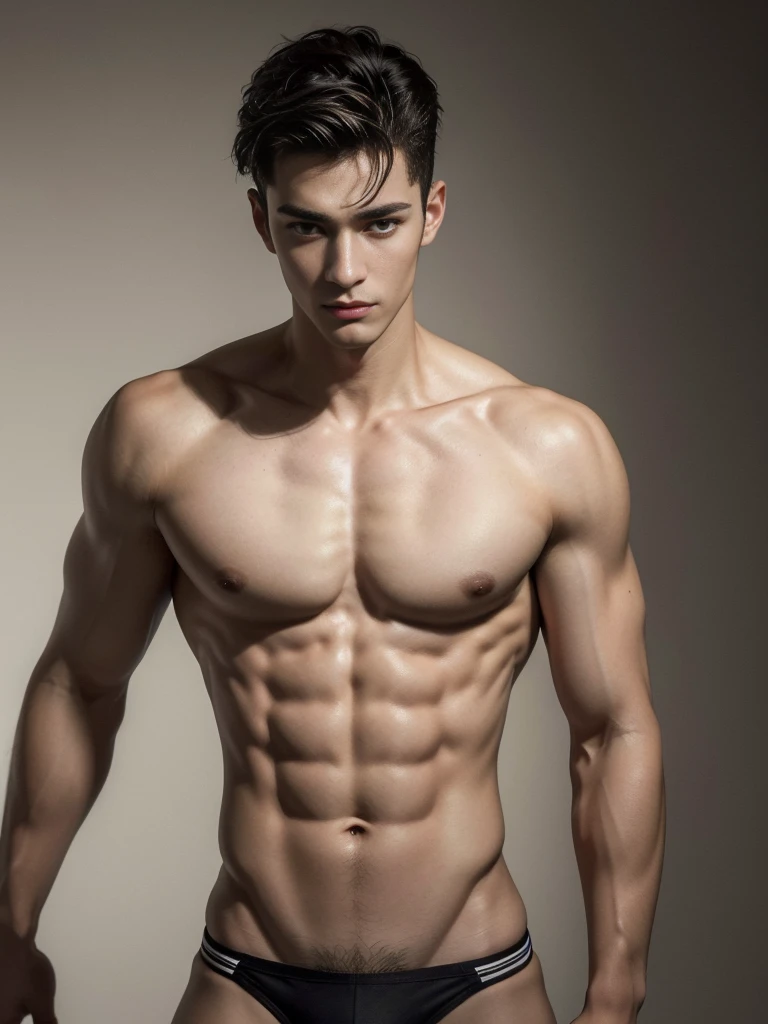 (Photorealistic photography, highres ,best quality, masterpiece:1.2), male, full body, handsome male model posing, young, detailed facial features, detailed eyes, detailed hands, no facial hair, slim athletic physique, slender, no body hair, wearing only underwear, trendy hairstyle, background, photo studio, dramatic lighting