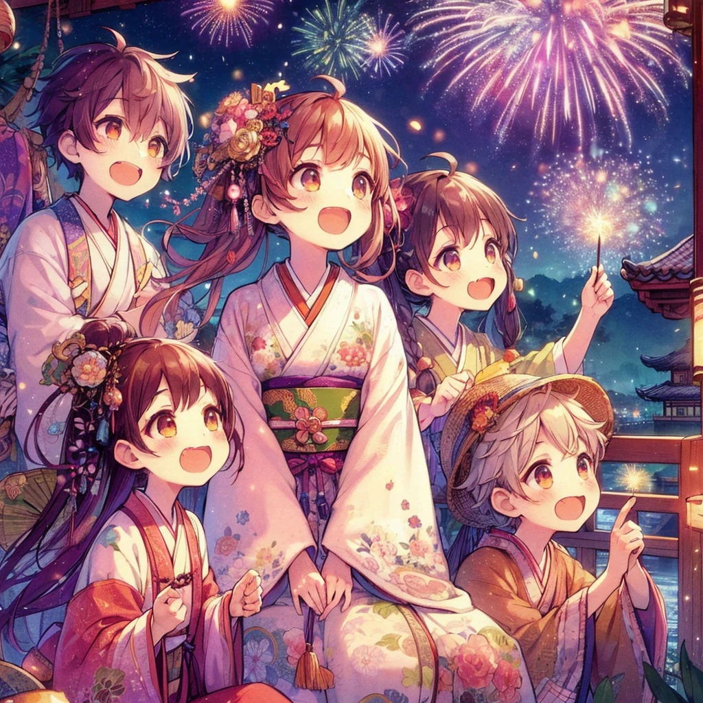 absurdres, best quality, fine detailed, 8k, girls and boys, black long hair, brown hair, blown eyes, orange eyes, smile, Chinese fantasy clothes, kimono, flower hair ornament, damask pattern, Chinese style porch, fireworks, night sky, cityscape, night view