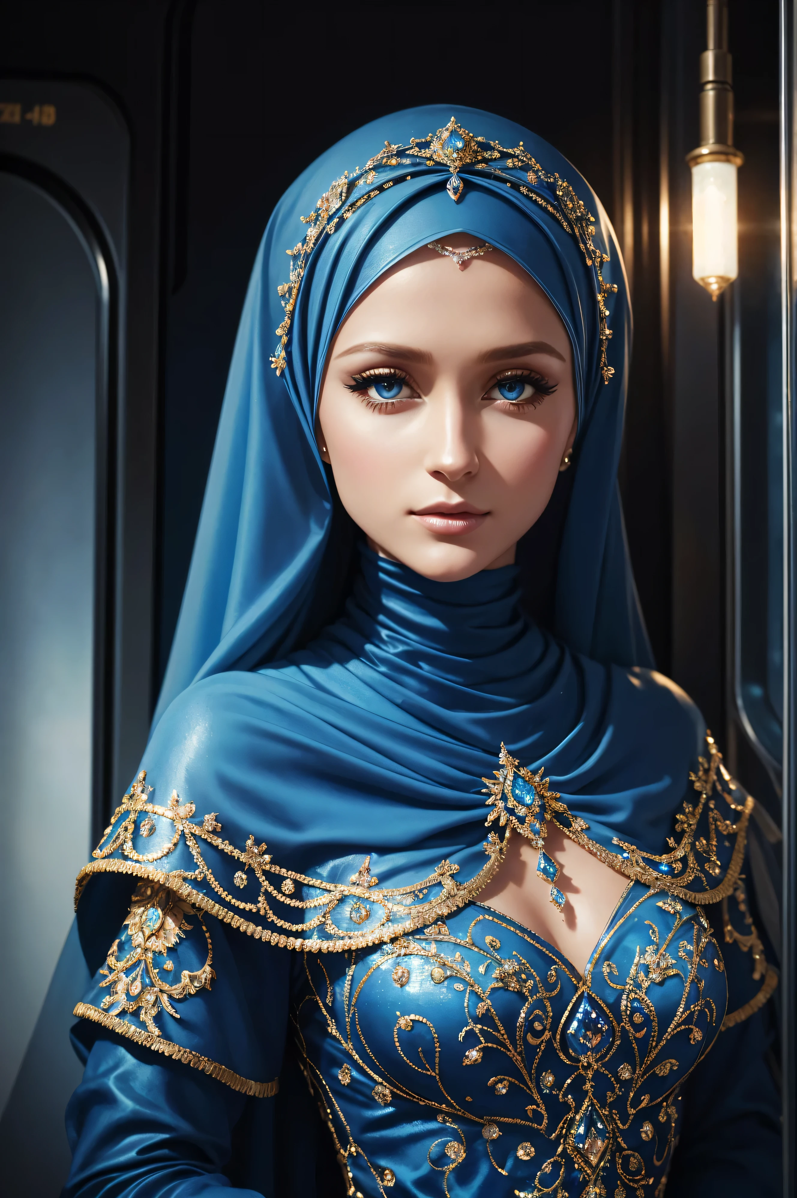 portrait Paris Hilton, wearing a hijab made of blue with jewelry and diamonds costume, against the background of a train, character portrait, 3 9 9 0 s, wavy hair, intricate, elegant, highly detailed, digital painting, artstation, concept art, smooth, sharp focus, illustration, art by wlop, charlie bowater and alexandra fomina, 36k, glittering, shining, correct anatomy