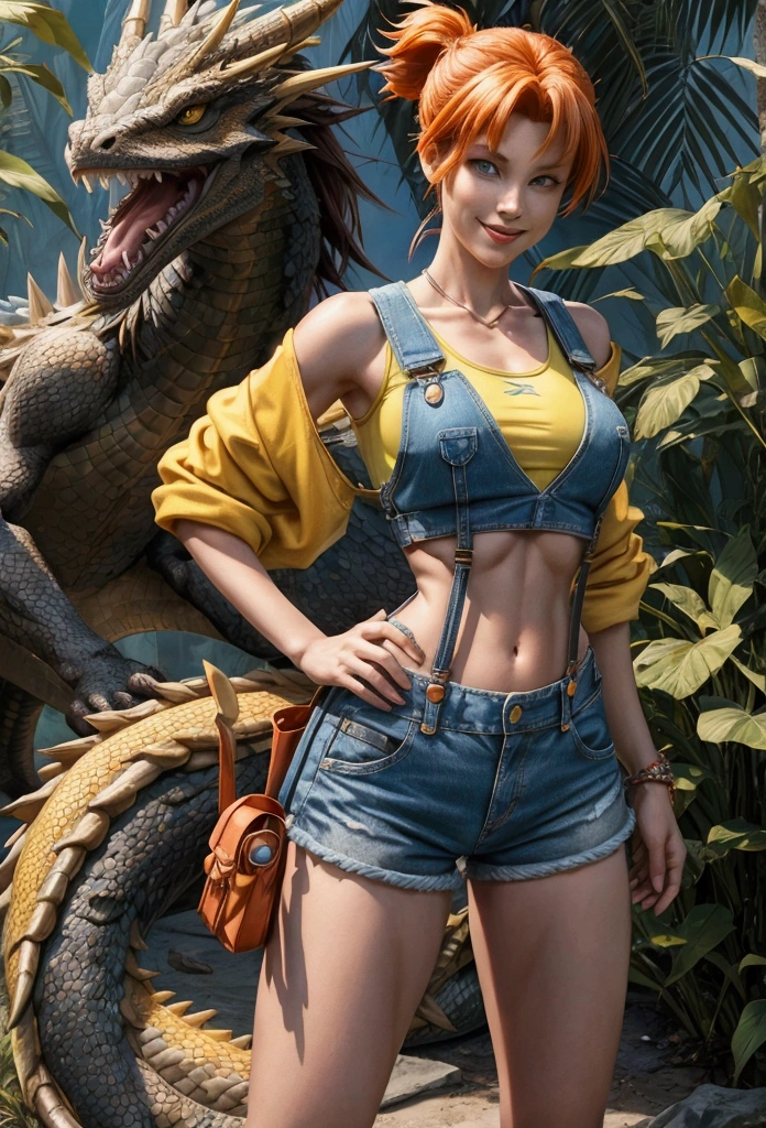 Misty from Pokémon, standing outdoors with a confident smile. Orange hair styled in a side ponytail, wearing denim shorts with suspenders, yellow crop top that shows off her midriff and navel. Yellow tank top. Cowboy shot posture exudes confidence and strength. Misty is accompanied by a cute Dragon. Overall, the image is a masterpiece, with high-quality details and a realistic rendering of Misty, her outfit, and her companion dragon. The colors are vivid and eye-catching, and the image is high-resolution, capturing every nuance of Misty's confident and adventurous spirit.