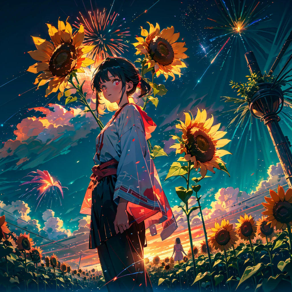 Nagano Prefecture, plateau, sunflower畑, Flower Field, masterpiece, Concept Art, Panorama, in the center, shape, Wide Shot, girl, garden, night, (meteor), Space galaxy background, (Great composition, Epic scale), Dynamic Lighting, Bright colors, A girl with long, fragile white hair、sunflower