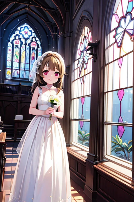 (Highest quality,masterpiece)、One Girl、alone、cute、 smile、Detailed Background、lovelive、nakasu kasumi、church、Standing posture、Pure white wedding dress、Stained glass、Long skirt