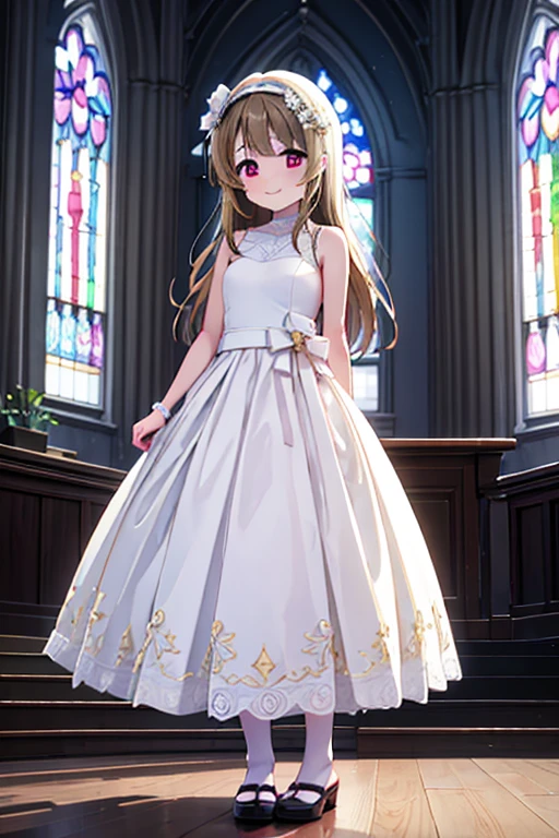 (Highest quality,masterpiece)、One Girl、alone、cute、 smile、Detailed Background、lovelive、nakasu kasumi、church、Standing posture、Pure white wedding dress、Stained glass、Long skirt