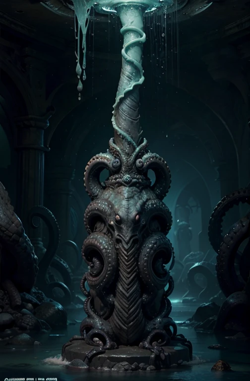 underground ruins darkness moisture slime Stone statue Stone Pillar grotesque Penis Tentacles mollusc erotic Cthulhu half submerged