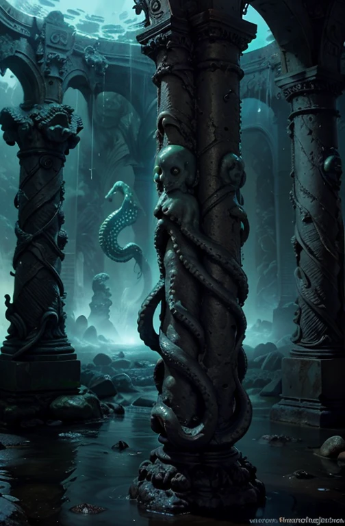 underground ruins　darkness　moisture　slime　Stone statue　Stone Pillar　grotesque　Penis　Tentacles　mollusc　erotic　Cthulhu　half submerged