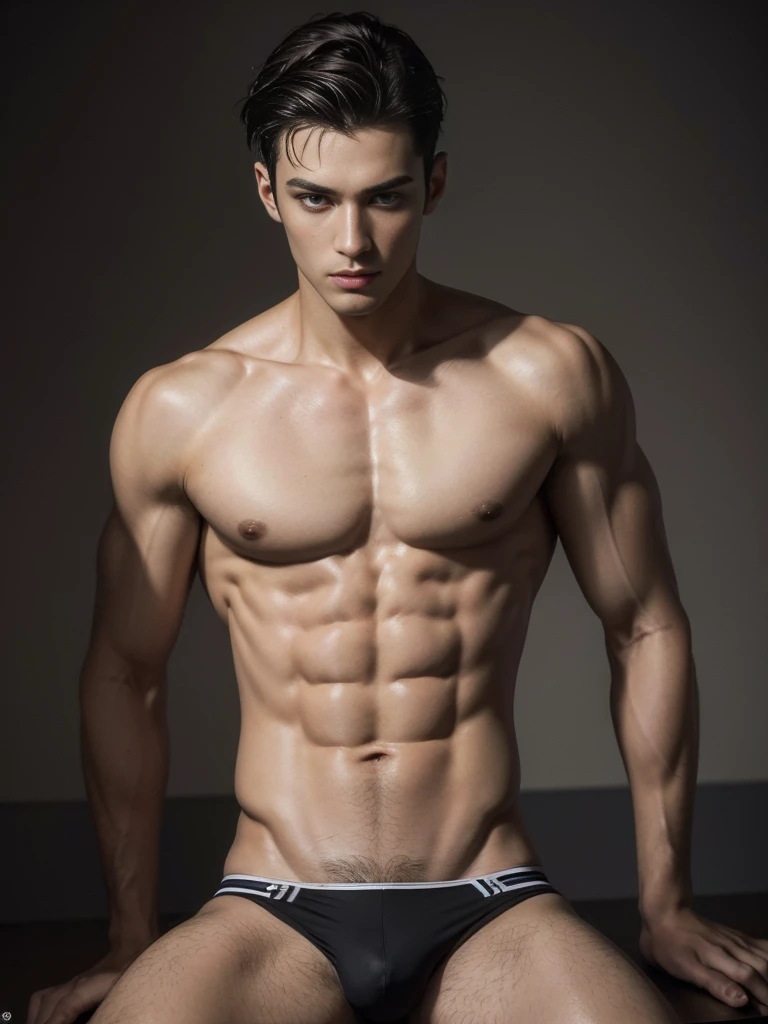 (Photorealistic photography, highres ,best quality, masterpiece:1.2), male, full body, handsome male model posing, young, detailed facial features, detailed eyes, detailed hands, no facial hair, slim athletic physique, slender, no body hair, wearing only underwear, trendy hairstyle, background, photo studio, dramatic lighting