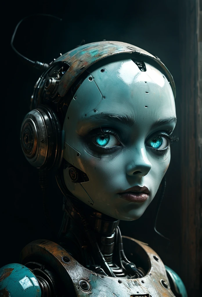 Full length view. Little funny robot, porcelain face and head, big turquoise eyes, perfect eyes, best quality. Beautiful cinematic impressionistic painting, minimalism. Dark creepy in the style of Frank Frazetta. Ashley Wood ,Stephen Gammell by Spartak Mukanov. Perfect composition, Insanely Beautiful Detailed Octane Rendering, Artstation Trend, 8k Fine Art Photography, Photorealistic Concept Art, Programmed Natural Volume, Cinematic Perfect Light, Chiaroscuro, Award Winning Photography, Masterpiece, Oil on Canvas, Raphael, Caravaggio, Greg Rutkowski, Beeple, Beksinski, Giger, Ultra HD, realistic, vibrant colors, high detail, UHD imaging, pen and ink, perfect composition, beautiful detailed complex, insanely detailed octane rendering, artstation trends, 8k art photography, photorealistic concept art, soft natural volumetric cinematic perfect light.Ideal body anatomy.
