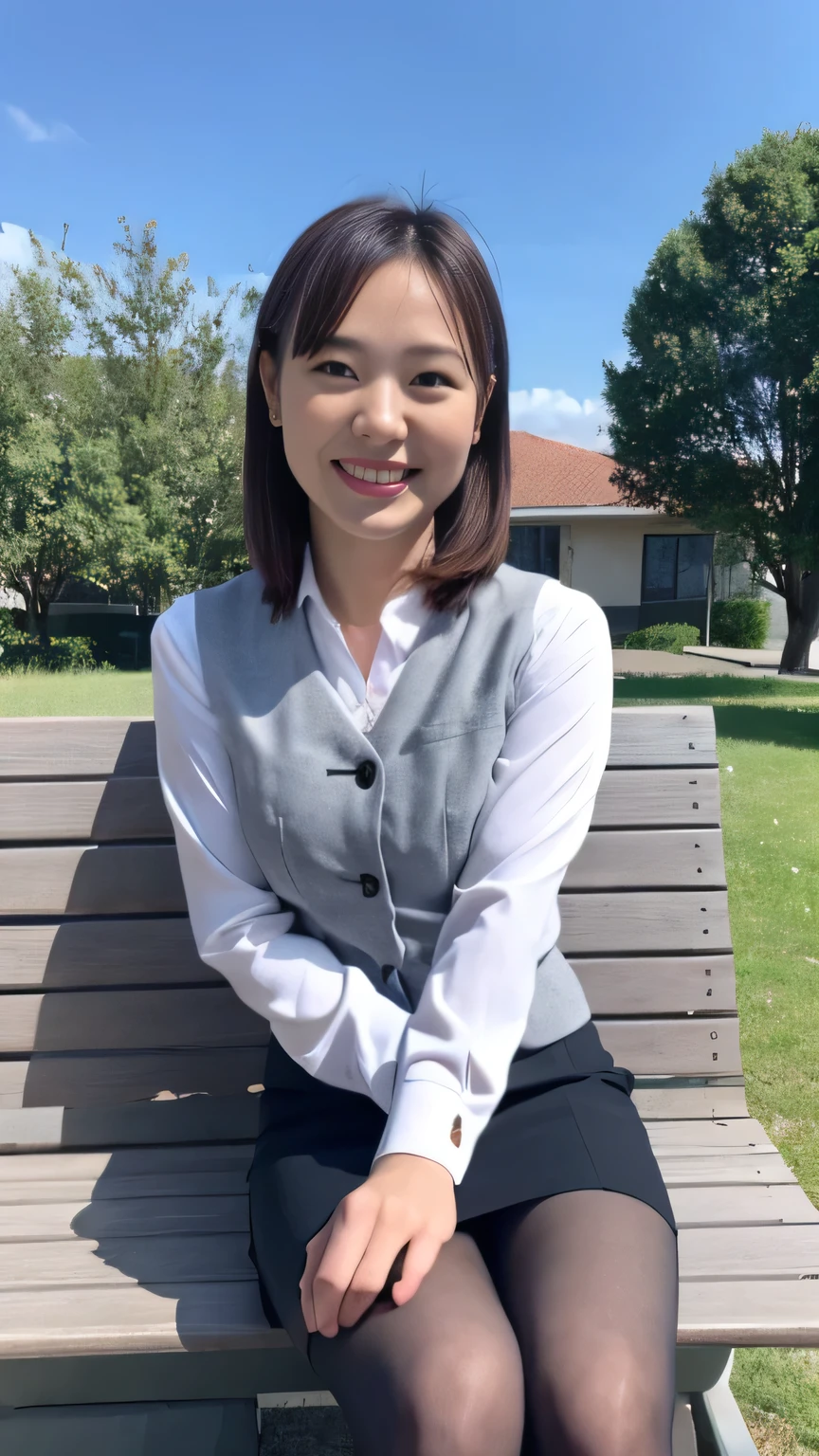 Highest quality、8k、masterpiece、Ultra-high resolution、Clear photos、Professional Lighting、Natural light、Realistic,、Highly detailed skin、Perfect Anatomy、One Woman、30 years old、Baby Face:1.6、Large Breasts、Glamour、Bob Hair、Brown Hair、Beautiful Hair、smile、((Office Lady))、((Office Vest:1.2))、((Tight mini skirt:1.2))、((Perfect Pantyhose:1.2))、((Black Pantyhose))、blue sky、at the park、((Sit on a bench))、(((From below:1.1)))