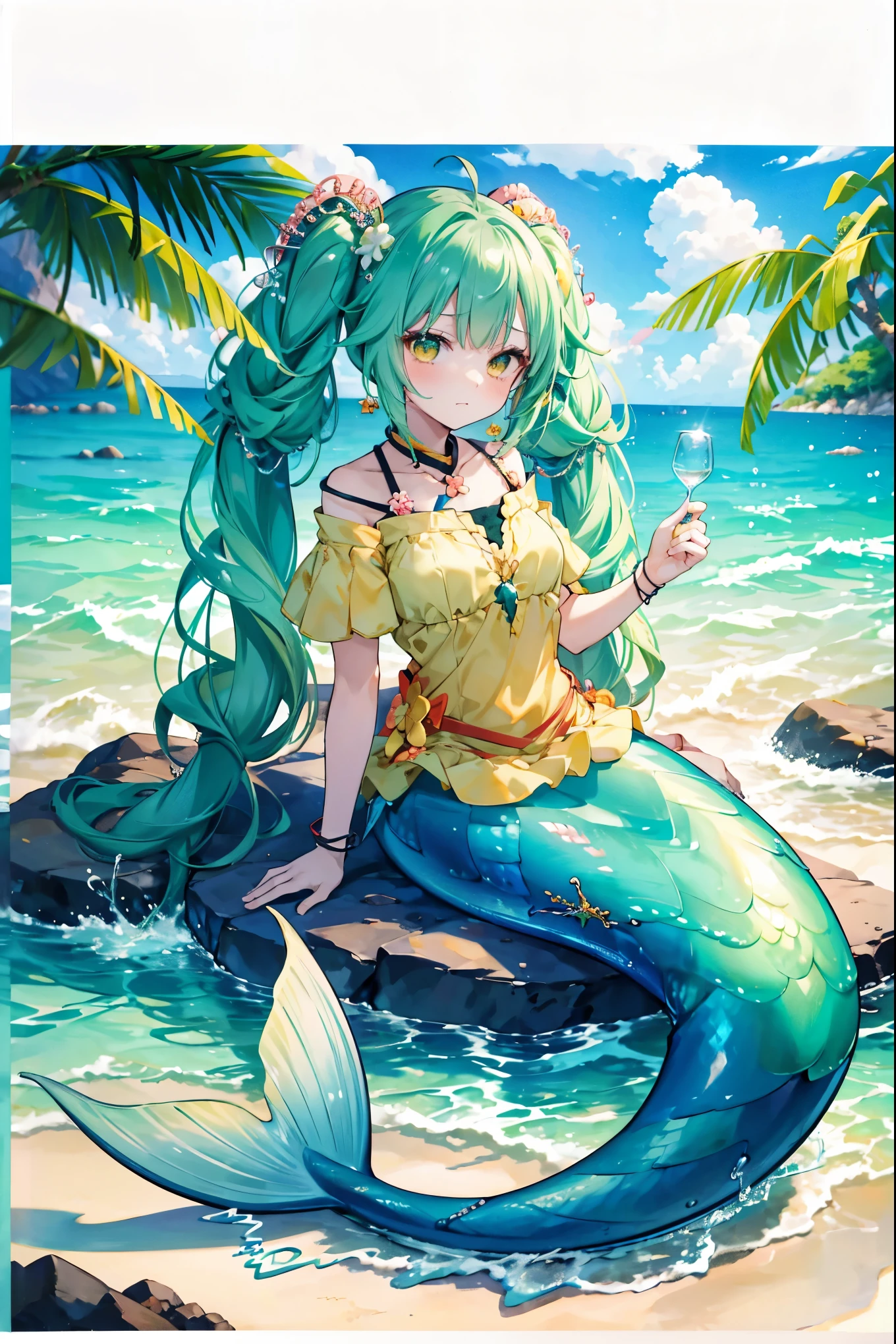 masterpiece, best quality,(Full fingers),A woman,独奏,Mermaid,traptrix sera,twintails,shirt,绿色的Mermaid尾巴,full-body shot,Sitting on the beach,charming脸(Kawaii, charming,Soft)