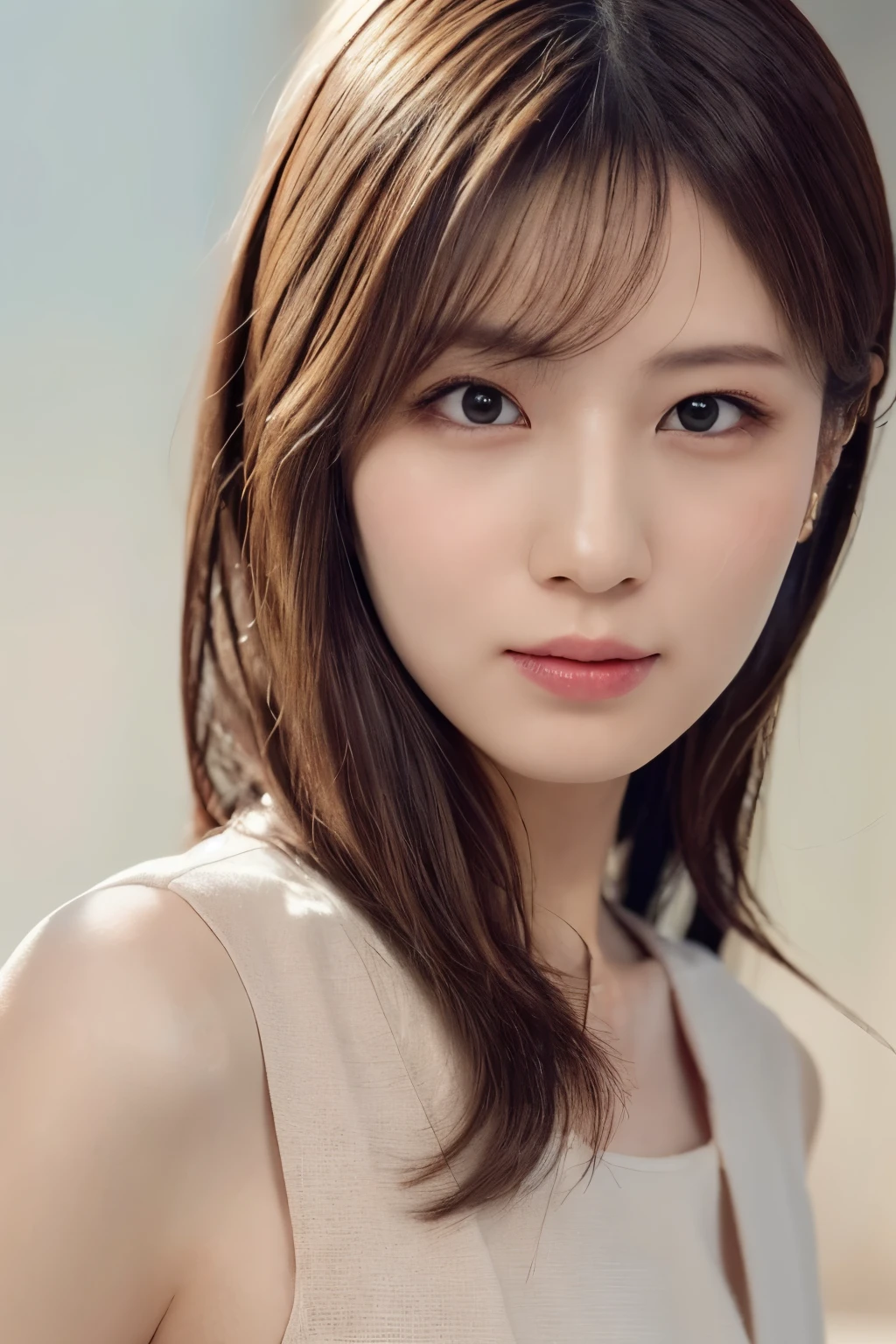 One Girl, (Dress casually, Pastel colored clothes:1.2), (Beautiful Japanese idol portrait photos),
(Simple background in light colors:1.3),
(RAW Photos, Highest quality), (Realistic, photo-Realistic:1.4), masterpiece, 8K Portrait,
Very delicate and beautiful, Very detailed, 2k wallpaper, wonderful, In detail, Very detailed CG unity 8k wallpaper, 
Very detailed, High resolution, 
Soft Light, Beautiful detailed girl, Very detailed eyes and face, Beautiful and sophisticated nose, Beautiful attention to detail,
Cinema Lighting, Perfect Anatomy, 
Slender body, Small breasts, Medium Hair, Bokeh, Dynamic Angle,