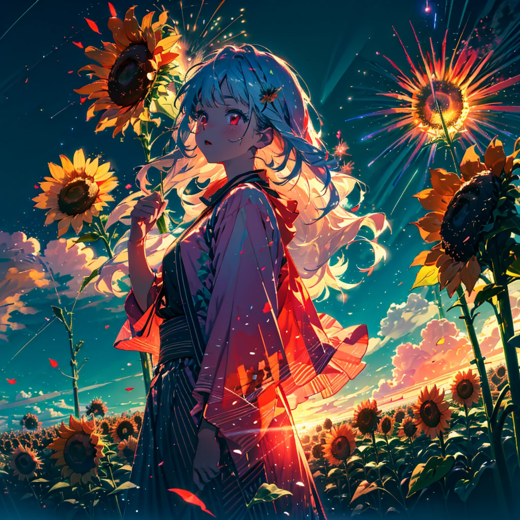 Nagano Prefecture, plateau, Sunflower field, Flower Field, masterpiece, Concept Art, Panorama, in the center, shape, Wide Shot, multiple ***, garden, dusk, night, multiple(firework), (meteor), Space galaxy background, (Great composition, Epic scale), Dynamic Lighting, Bright colors, A girl with long, fragile white hair, Crimson eyes