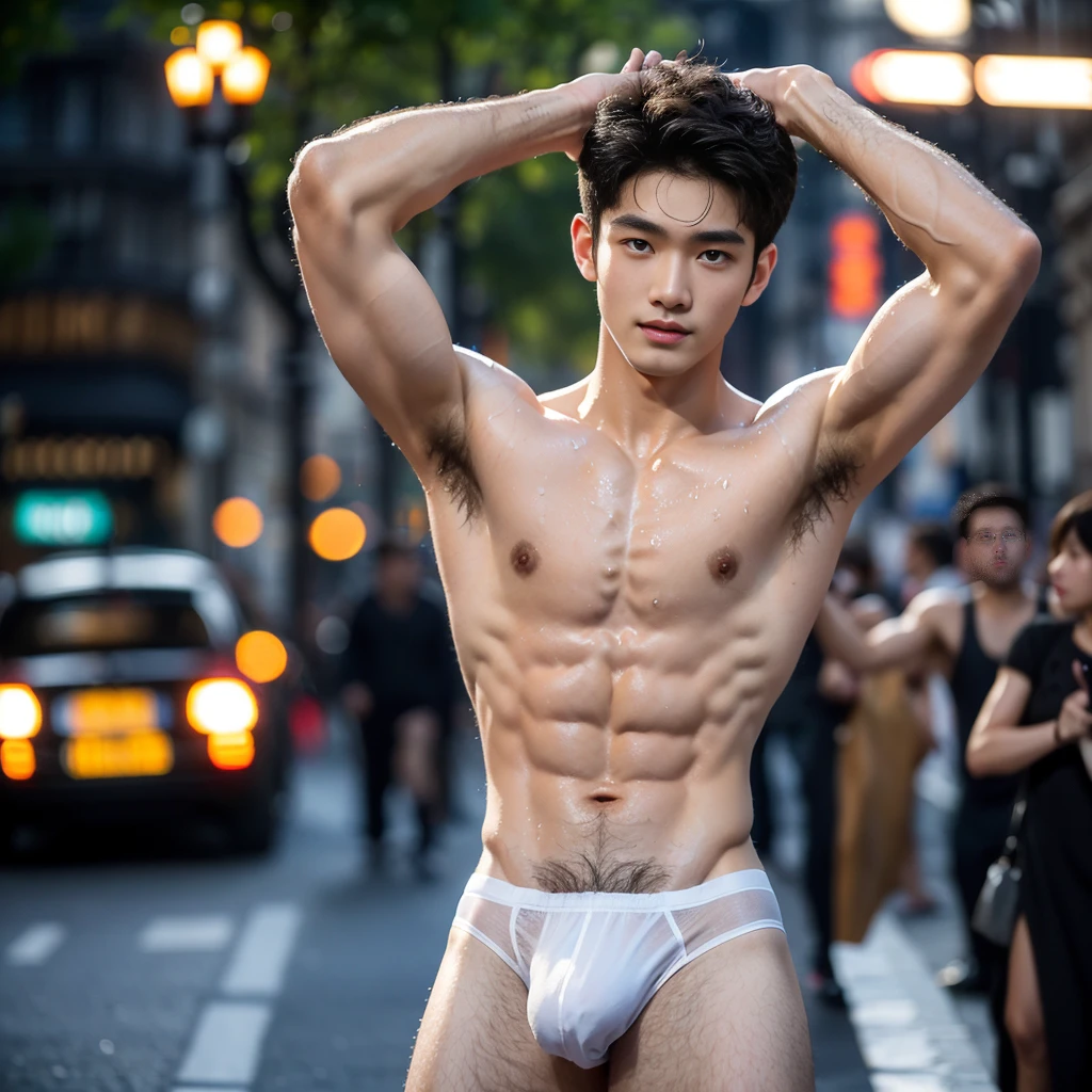 Full body, Sheer Transparent thong, very hairy armpits, Very crowded street, Topless, shirtless, boy, very young boy, Cinematic soft lighting illuminates a stunningly detailed and ultra-realistic handsome Chinese male supermodel, ultra short messy curly hair, clear honey eyes, captivating perfect smile, sensual, hot man, insanely handsome, showing off his sweaty body, sixpack muscular body build, slender, toned, full body, 8k, photography, masterpiece, detailed face, detailed eyes, detailed hands, in the Paris street, beautiful night scenery in Paris, hairy armpits, only wearing very thin micro white thong with very big bulge, very wet body, very sweaty body, Paris background, paris scenery
