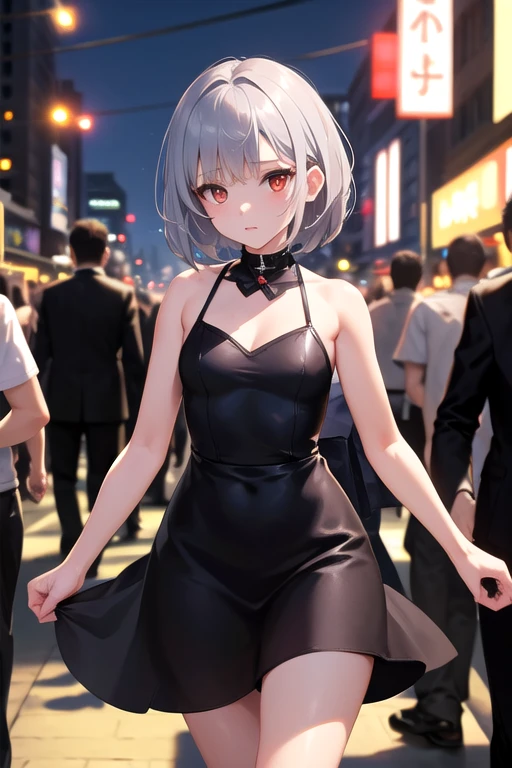 Gray Hair、short hair、red pupils、Android Girl、Skin as close to human as possible、The body line is clear、Lost in the crowd、Walking in the city at night、Wearing a dress