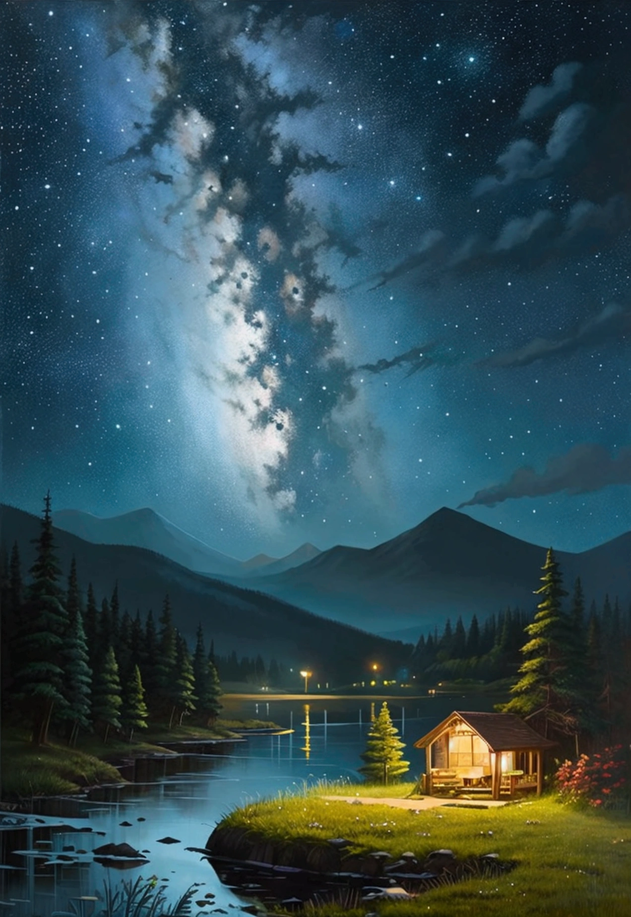 Highest quality、Landscape painting、nature、night景、night、Big Moon、Starry Sky