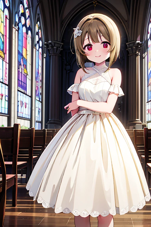 (Highest quality,masterpiece)、One Girl、alone、cute、 smile、Detailed Background、lovelive、nakasu kasumi、church、Standing posture、Pure white wedding dress、Stained glass、Long skirt、Bobcut、Asymmetrical Hair、Long left bangs、short hair、Yellow-brown hair、Red Eye