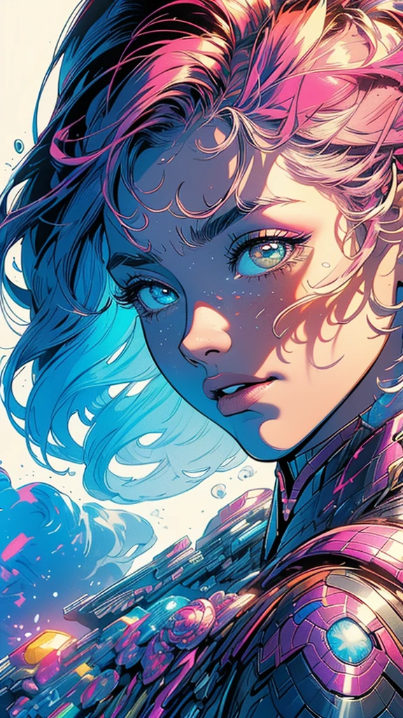 (((masterpiece, highest quality))),(((solo:1.2))),(((1girl:1.2))),32k wallpaper, very detailed,(((((portfolio))))),(((((Close-up))))),(((((bust up))))),((((more various angle)))),((((highlight)))),((((heterochromia)))),(((complete. detailed face))),((((Extremely talented)))),(((((most complecated futristic machine))))),(Colorful color scheme),(((detailed unlimited complete equipment : scope))),(((((Absolutely simple background))))),(((Texture for people : grunge))),(((marvel super hero's))),(((retrowave))),(((vaporwave))),60s,70s,80s
