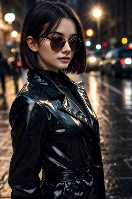 masterpiece, top quality, illustration, {Beautiful detailed girl}, beautiful shine in detail, beauty dressing up, (black jacket and raincoat), Sunglasses, Laughter, fangs removed, a vampire, indigo eyes, rainy street corner, rain, detailed lighting, detailed water, (beautiful detailed eyes: 1.1), featureless palace, (short hair), long bangs, hair between eyes, Upper half,