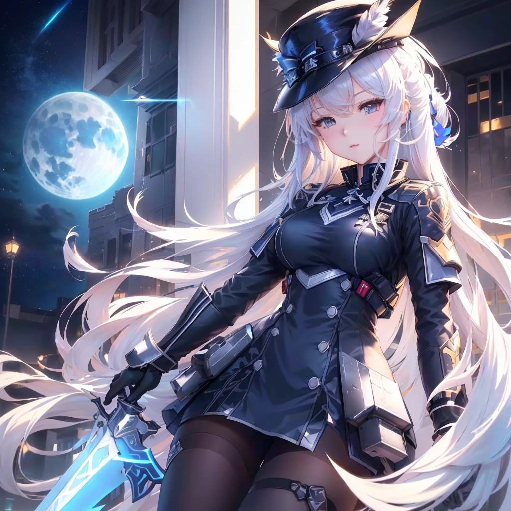 Anime girl holding a sword and a hat standing in front of a building, from Ark of Tomorrow, Azur route style, From the Azur Lane video game, Best Anime 4K Konachan Wallpapers, Fleet Collection Style, Ark of Tomorrow, From Girl Front, Night Core, Girls Frontline style, 4k anime wallpaper, Anime Wallpaper 4K, Anime Wallpaper 4K